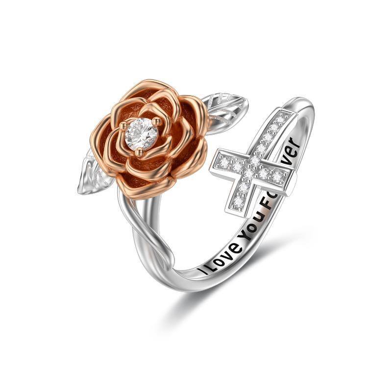 925 Sterling Silver Rose Flower Cross I Love You Forever Ring-1