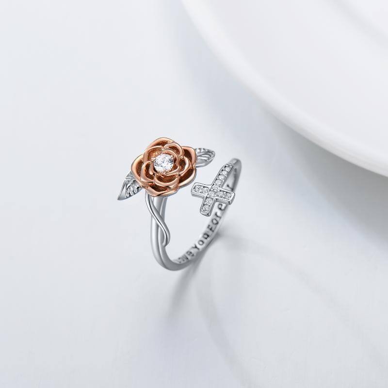 925 Sterling Silver Rose Flower Cross I Love You Forever Ring-2