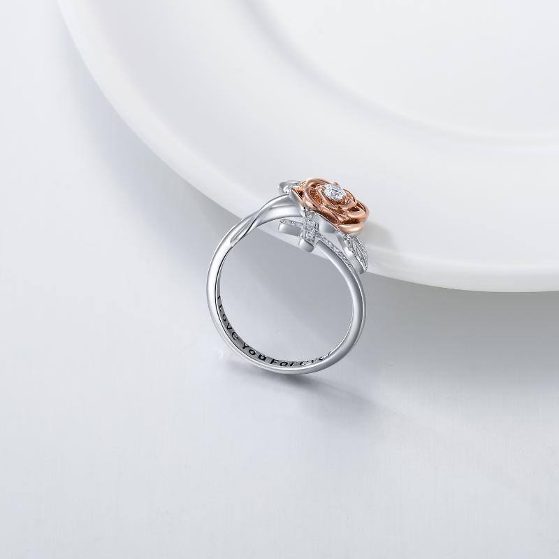 925 Sterling Silver Rose Flower Cross I Love You Forever Ring-3