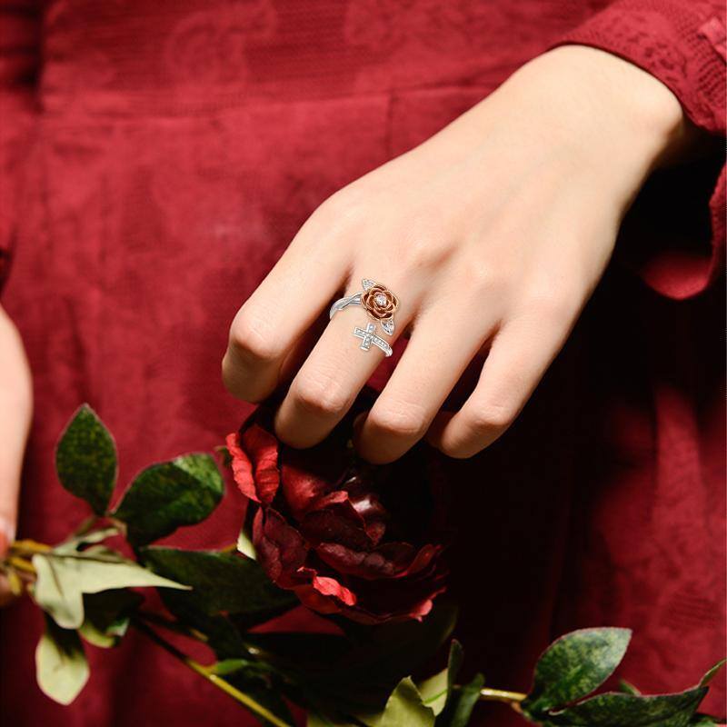 925 Sterling Silver Rose Flower Cross I Love You Forever Ring-4
