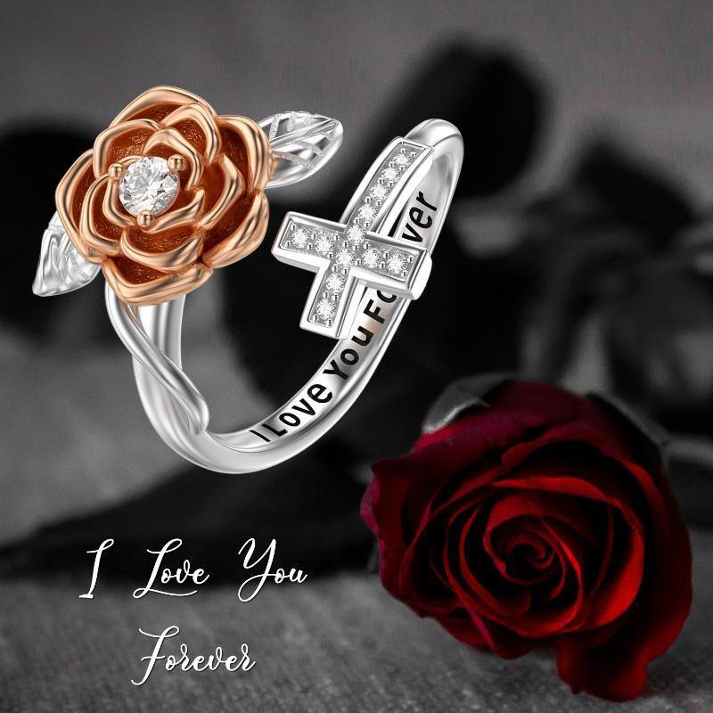 925 Sterling Silver Rose Flower Cross I Love You Forever Ring-5