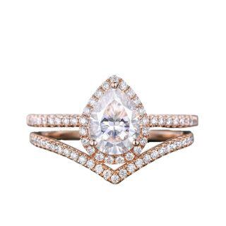 Sterling Silver with Rose Gold Plated 1CT Pear Shaped Moissanite Engagement Ring Set-4