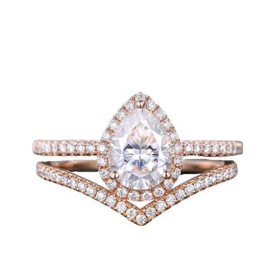 Sterling Silver with Rose Gold Plated 1CT Pear Shaped Moissanite Engagement Ring Set-1