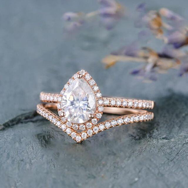 Sterling Silver with Rose Gold Plated 1CT Pear Shaped Moissanite Engagement Ring Set-3