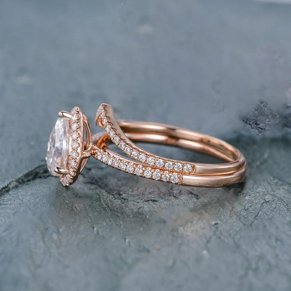 Sterling Silver with Rose Gold Plated 1CT Pear Shaped Moissanite Engagement Ring Set-4