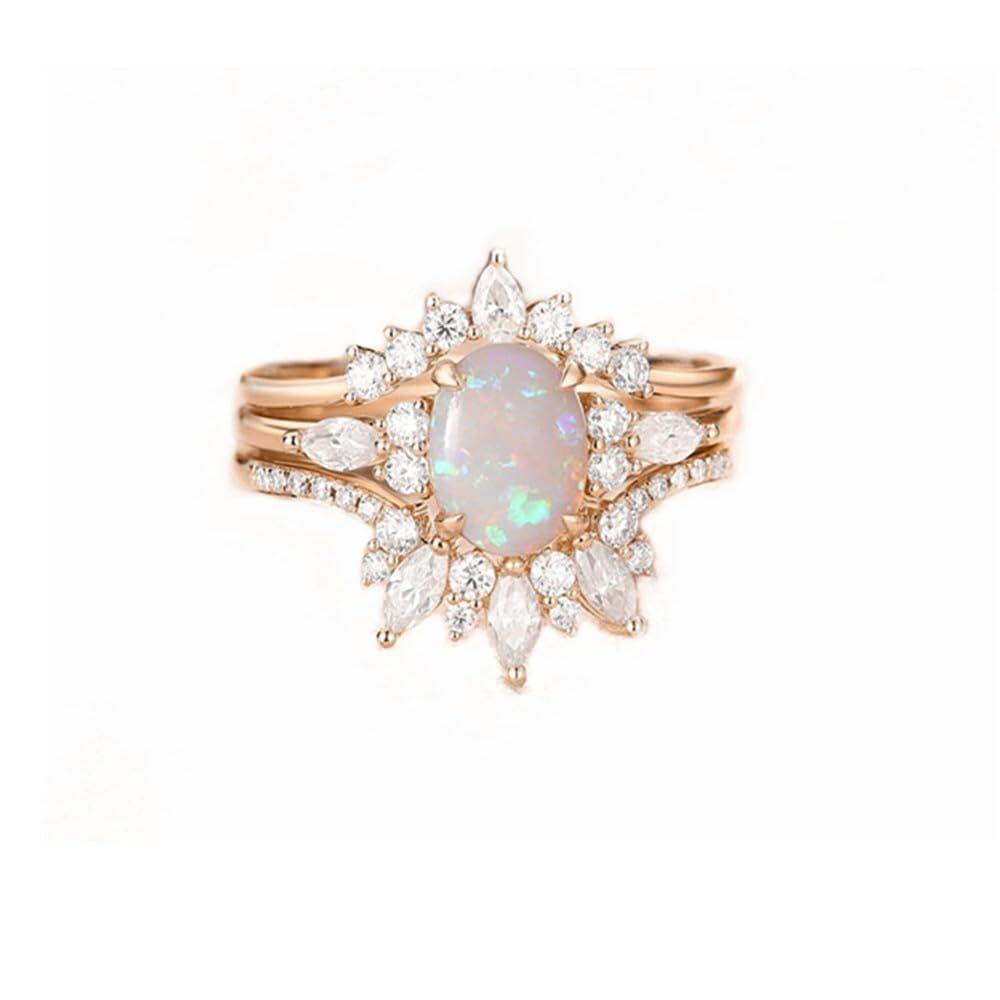 Sterling Silver Rose Gold Plated 1.25CT Oval Opal Moissanite Crown Engagement Ring Set-1