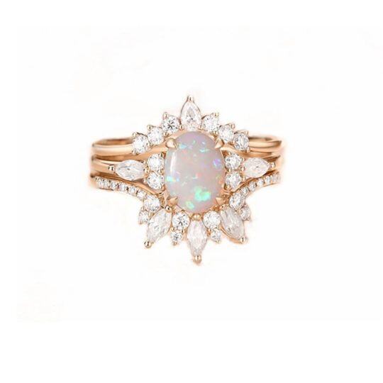 Sterling Silber Rose Gold plattiert 1,25CT Oval Opal Moissanit Krone Verlobungsring Set