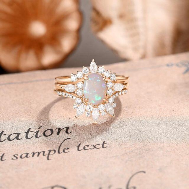 Plata de ley chapada en oro rosa 1.25CT Oval Opal Moissanite Crown Engagement Ring Set-3