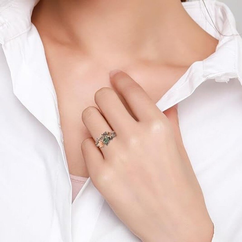 Anillo apilable de plata de ley con ágata bañada en oro rosa y grabado personalizado con hiedra-2