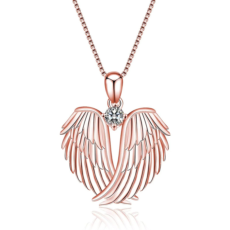 Sterling Silver with Rose Gold Plated Cubic Zirconia Angel Wings Pendant Necklace-1