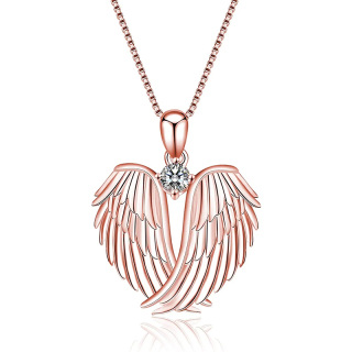 Sterling Silver with Rose Gold Plated Cubic Zirconia Angel Wings Pendant Necklace-58