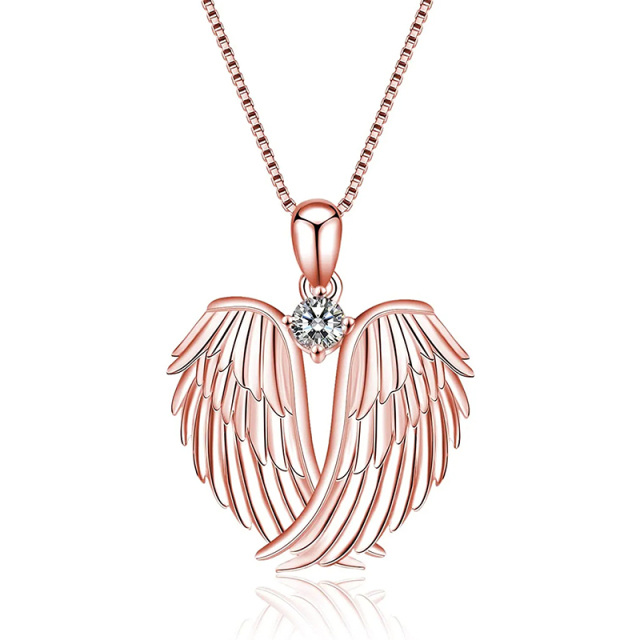 Sterling Silver with Rose Gold Plated Cubic Zirconia Angel Wings Pendant Necklace-1