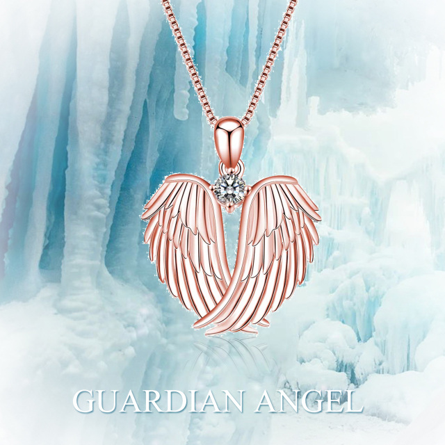 Sterling Silver with Rose Gold Plated Cubic Zirconia Angel Wings Pendant Necklace-5