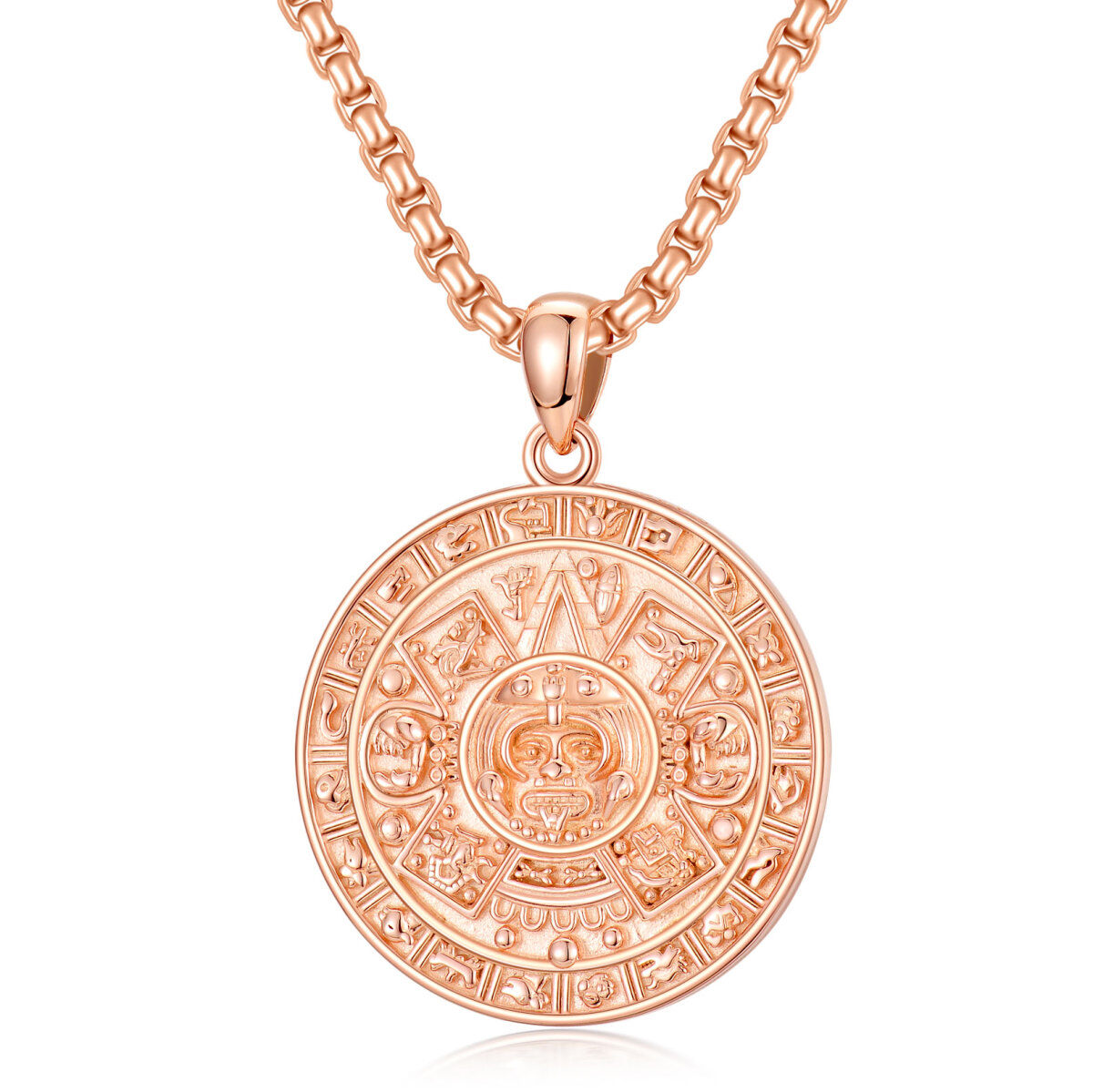 Sterling Silver with Rose Gold Plated Aztec Calendar Pendant Necklace for Men-1