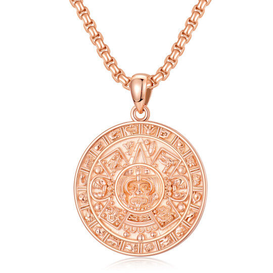 Sterling Silver with Rose Gold Plated Aztec Calendar Pendant Necklace for Men