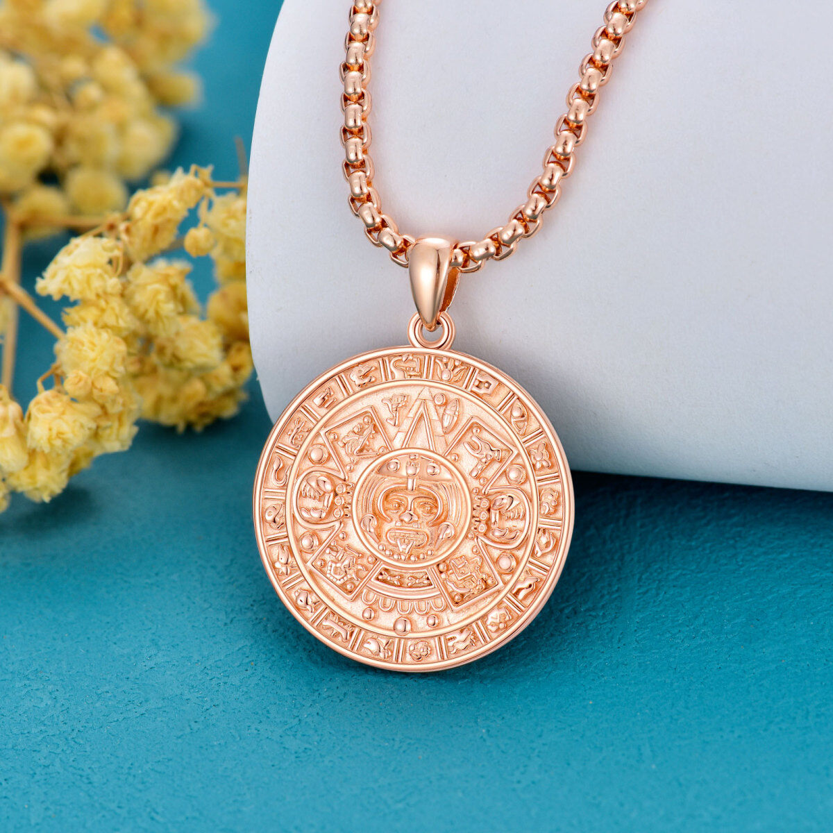 Sterling Silver with Rose Gold Plated Aztec Calendar Pendant Necklace for Men-3