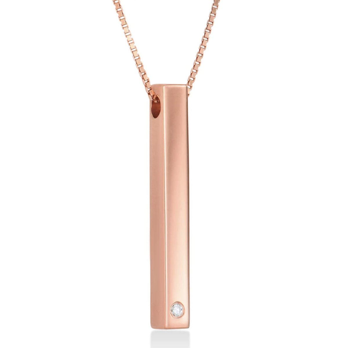 Sterling Silver with Rose Gold Plated Cubic Zirconia Bar Pendant Necklace-2