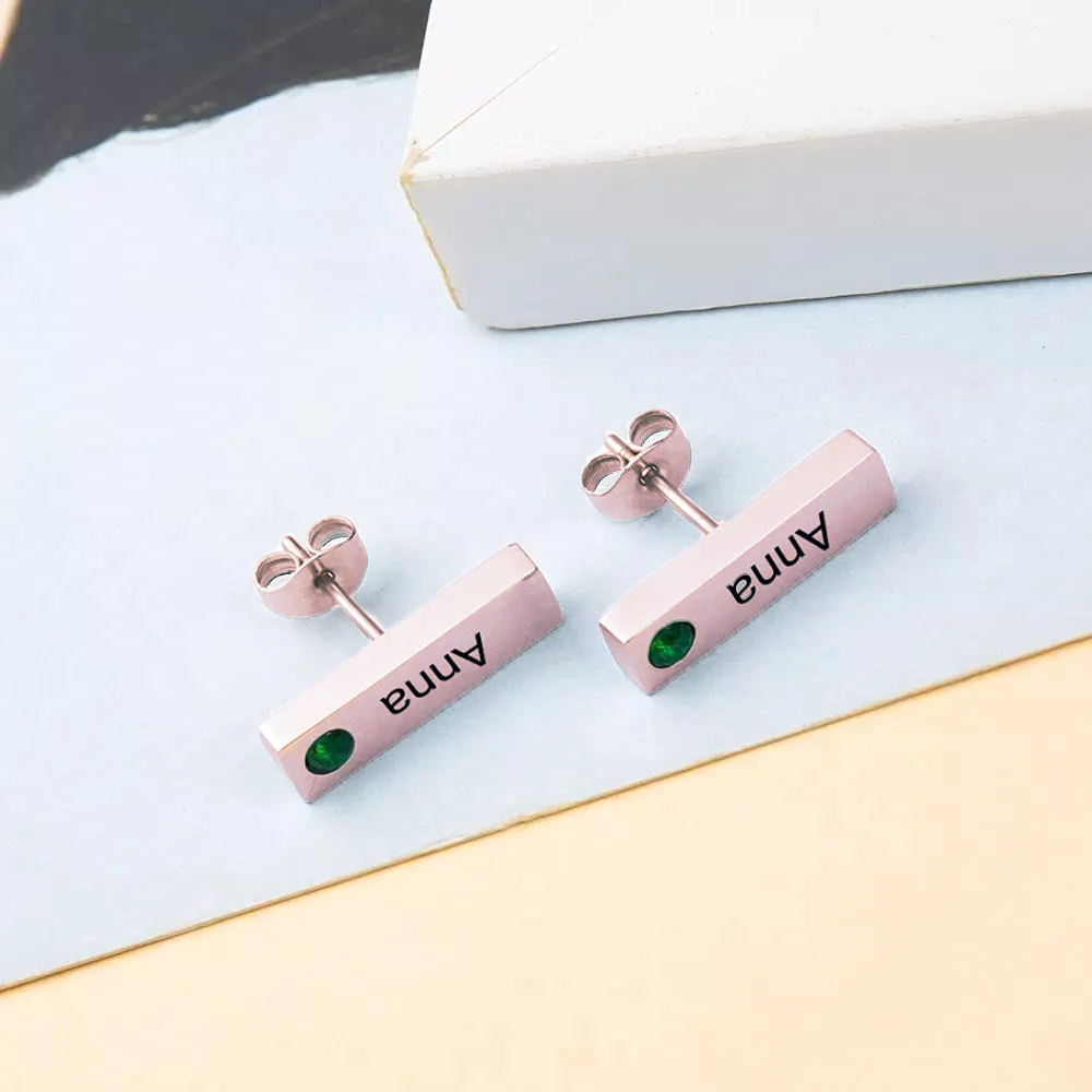 Sterling Silver with Rose Gold Plated Cubic Zirconia Bar Stud Earrings-2