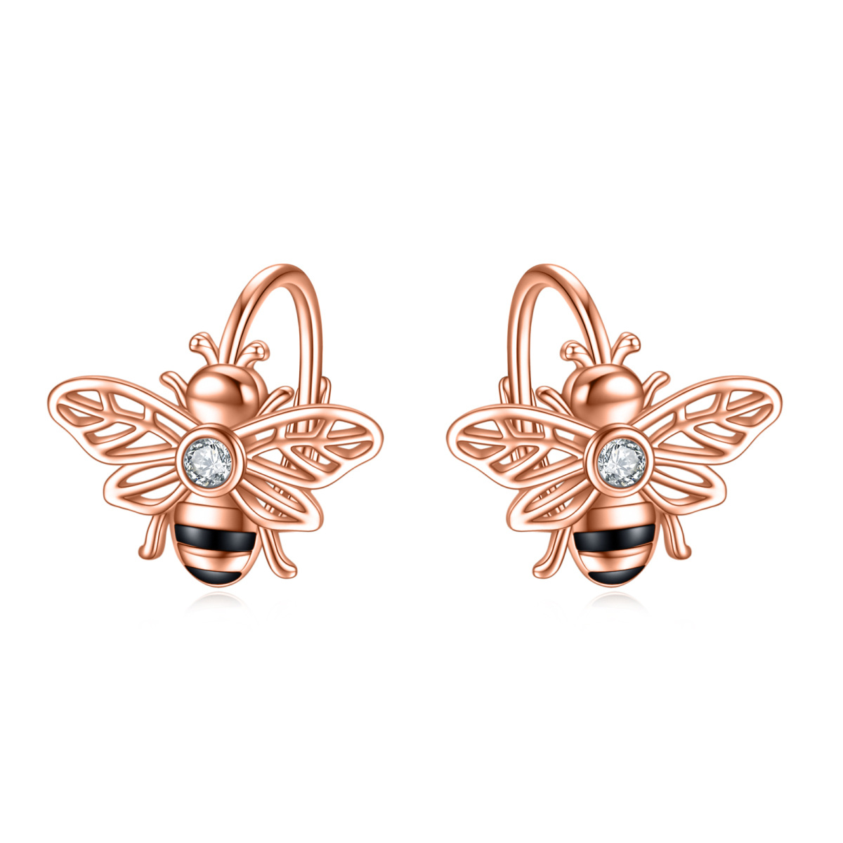 Sterling Silver with Rose Gold Plated Cubic Zirconia Bee Lever-back Earrings-1