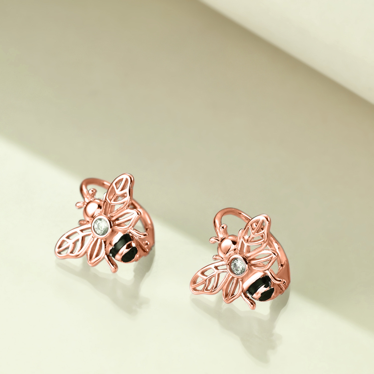 Sterling Silver with Rose Gold Plated Cubic Zirconia Bee Lever-back Earrings-3