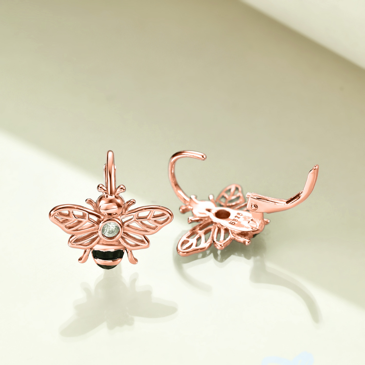 Sterling Silver with Rose Gold Plated Cubic Zirconia Bee Lever-back Earrings-4