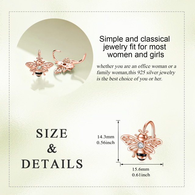 Sterling Silver with Rose Gold Plated Cubic Zirconia Bee Lever-back Earrings-5