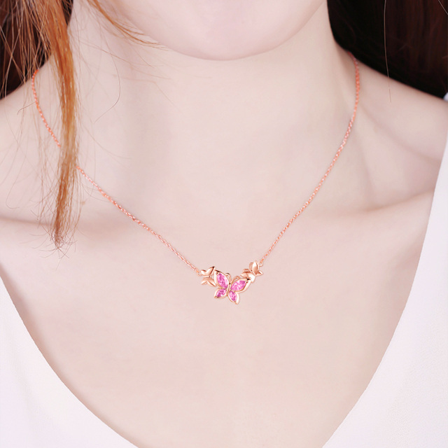 Sterling Silver with Rose Gold Plated Cubic Zirconia Butterfly Pendant Necklace-2