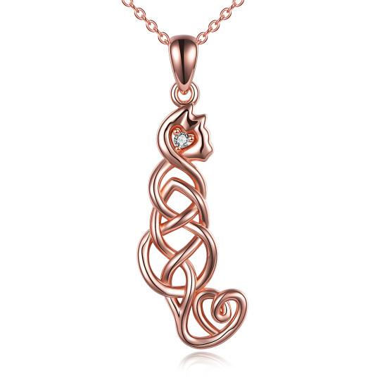 Collana con ciondolo a forma di gatto e nodo celtico in argento 925 e placcata oro rosa