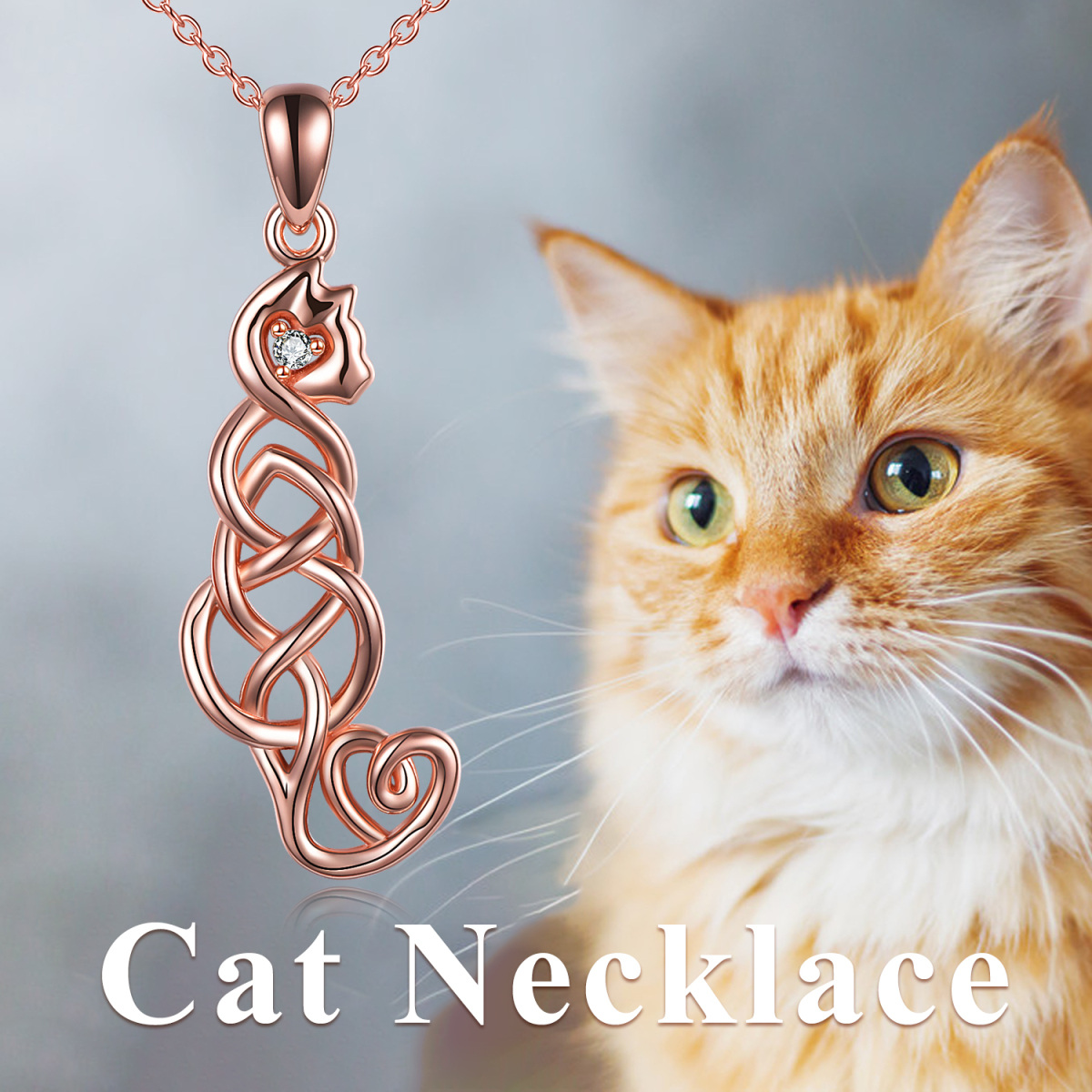 Collier en argent sterling avec pendentif chat et nœud celtique plaqué or rose-3