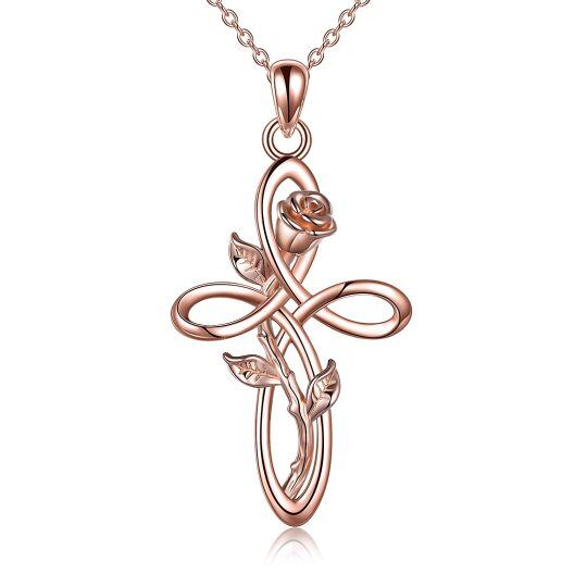 Sterling Silver with Rose Gold Plated Rose & Celtic Knot & Cross Pendant Necklace