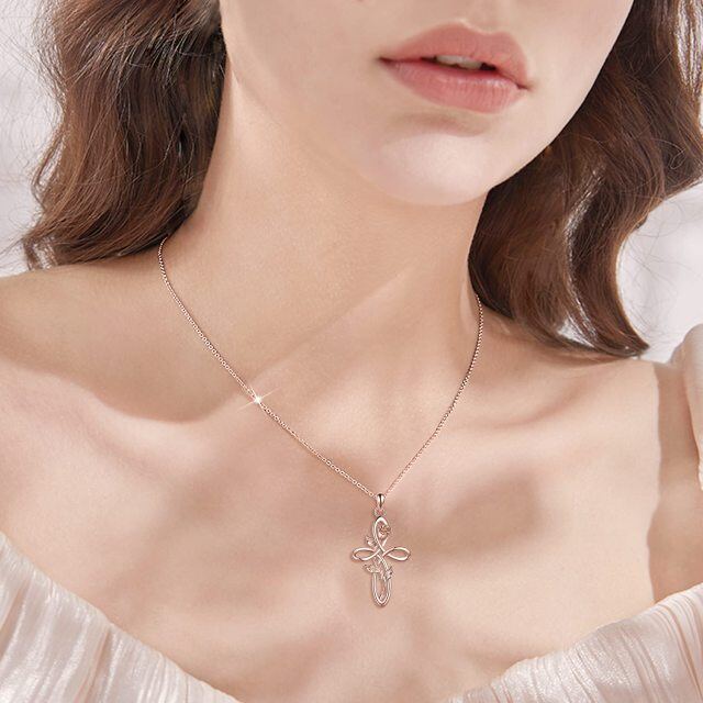 Sterling Silver with Rose Gold Plated Rose & Celtic Knot & Cross Pendant Necklace-2