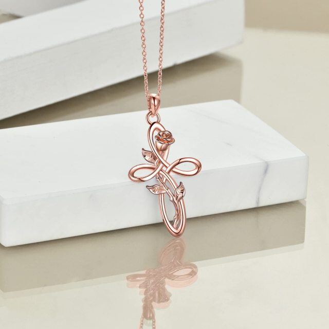 Sterling Silver with Rose Gold Plated Rose & Celtic Knot & Cross Pendant Necklace-3