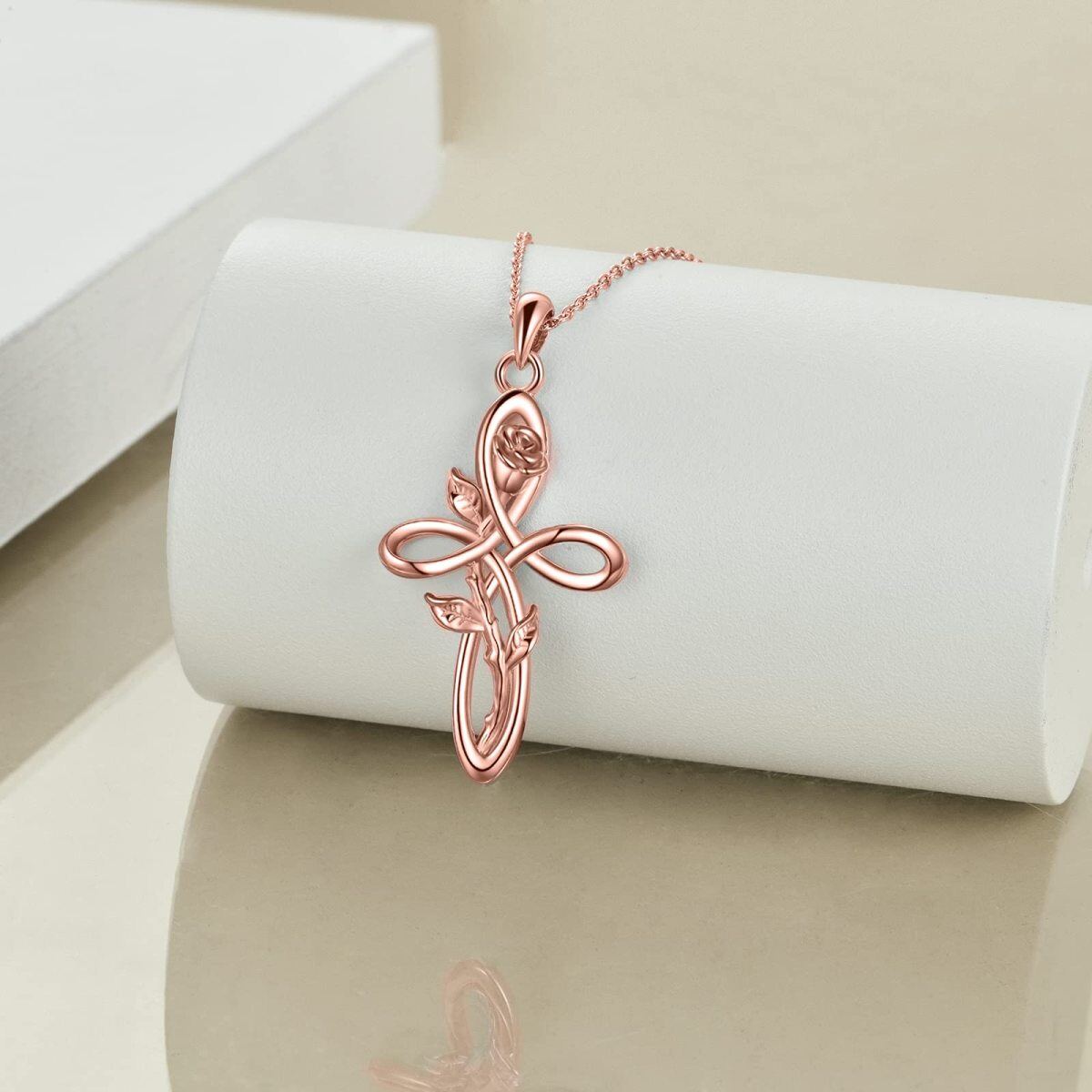 Sterling Silver with Rose Gold Plated Rose & Celtic Knot & Cross Pendant Necklace-4