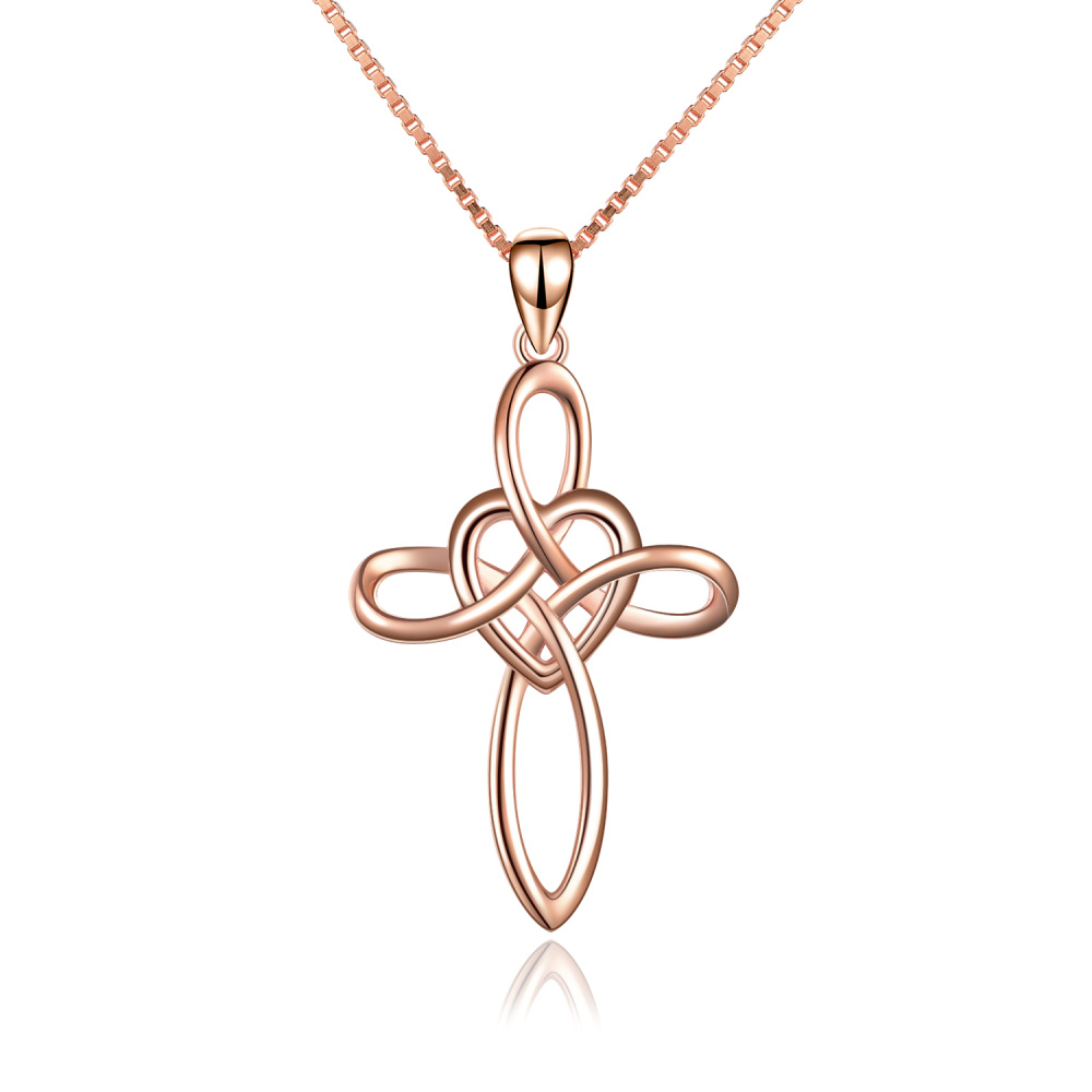 Sterling Silver with Rose Gold Plated Celtic Knot & Cross Pendant Necklace-1