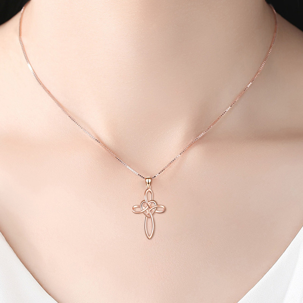 Sterling Silver with Rose Gold Plated Celtic Knot & Cross Pendant Necklace-2