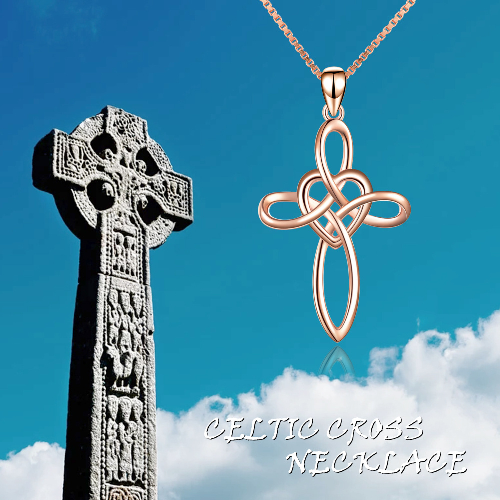 Sterling Silver with Rose Gold Plated Celtic Knot & Cross Pendant Necklace-6