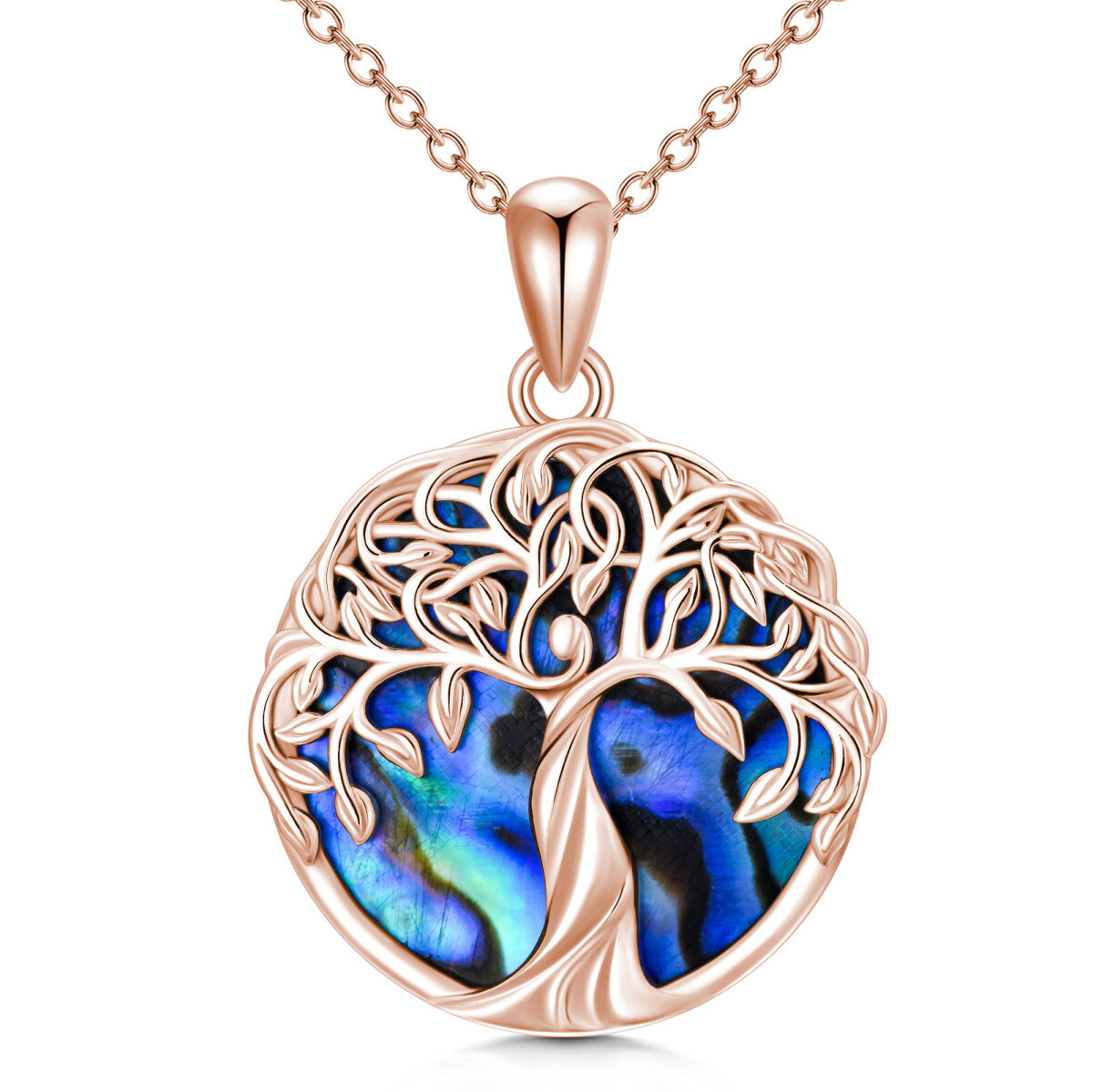 Sterling Silver with Rose Gold Plated Circular Shaped Abalone Shellfish Tree Of Life Pendant Necklace-1