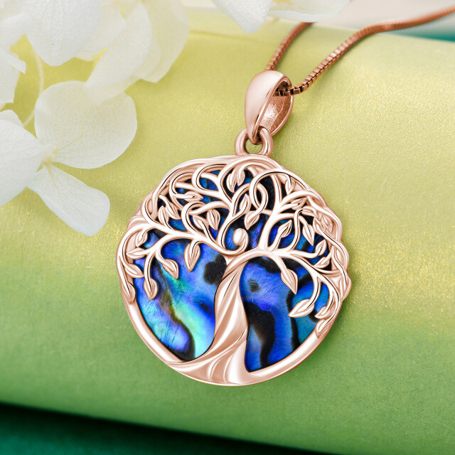 Sterling Silver with Rose Gold Plated Circular Shaped Abalone Shellfish Tree Of Life Pendant Necklace-3