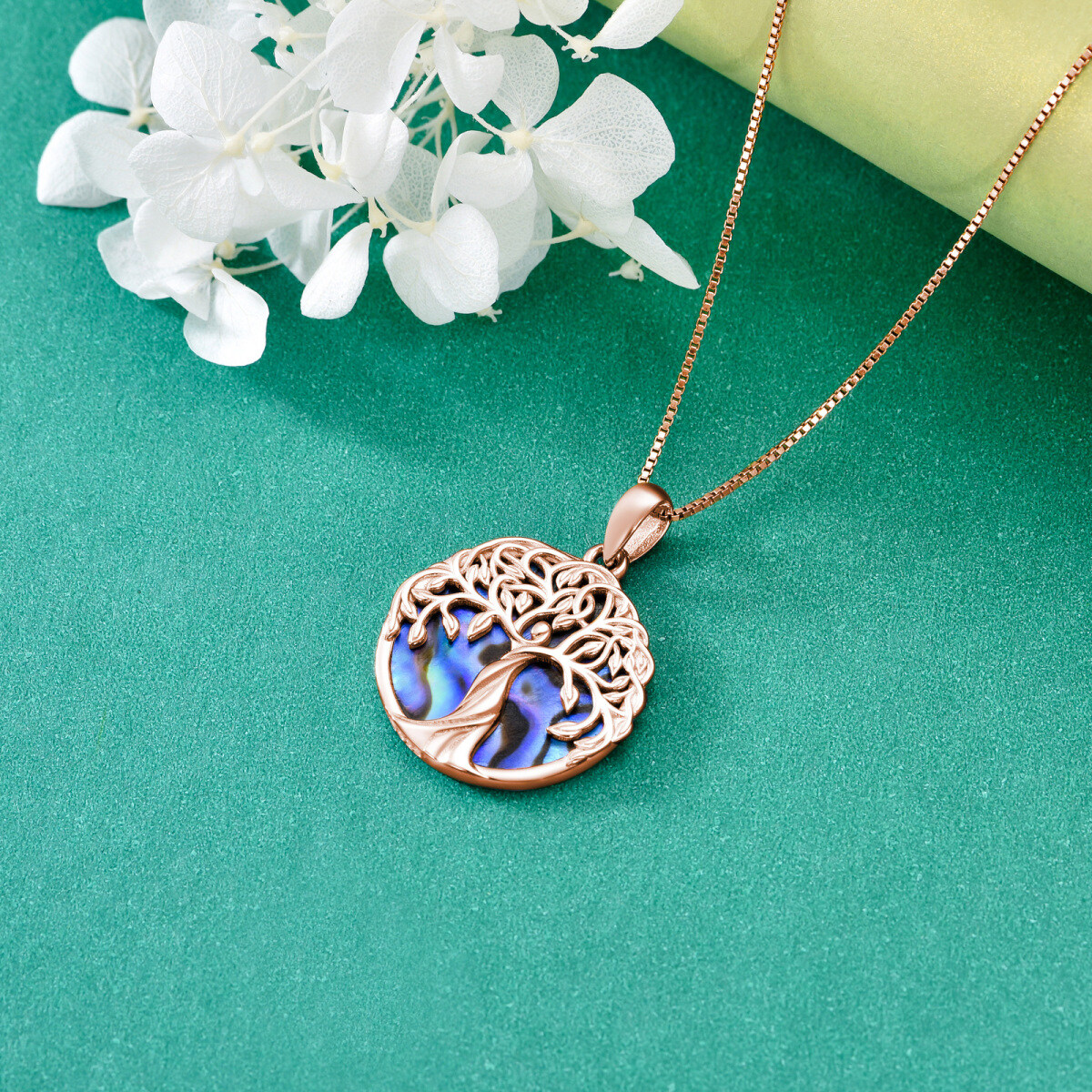 Sterling Silver with Rose Gold Plated Circular Shaped Abalone Shellfish Tree Of Life Pendant Necklace-4