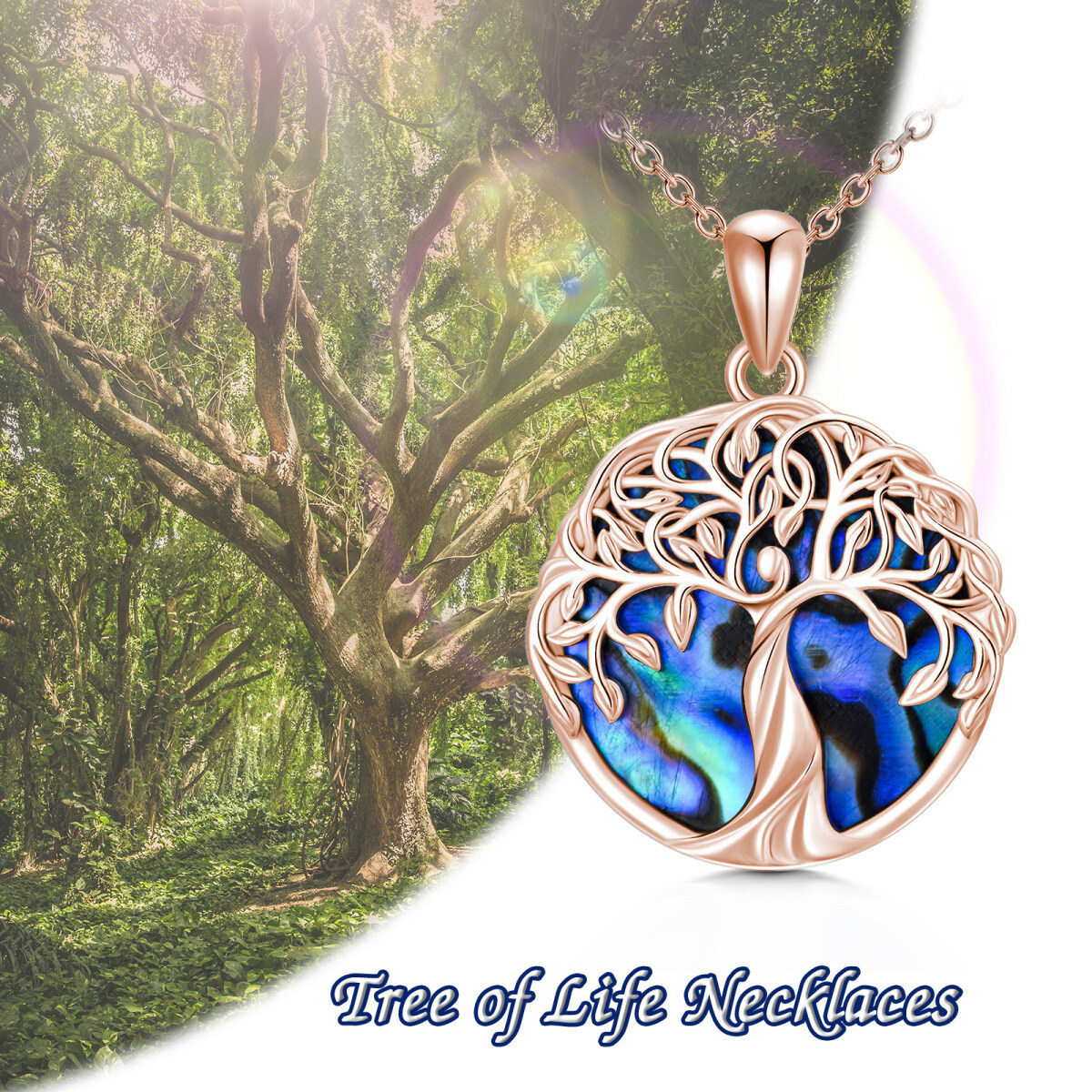 Sterling Silver with Rose Gold Plated Circular Shaped Abalone Shellfish Tree Of Life Pendant Necklace-5