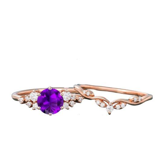 Sterling Silber mit Roségold plattiertem, rundem Amethyst, personalisierter Gravurring