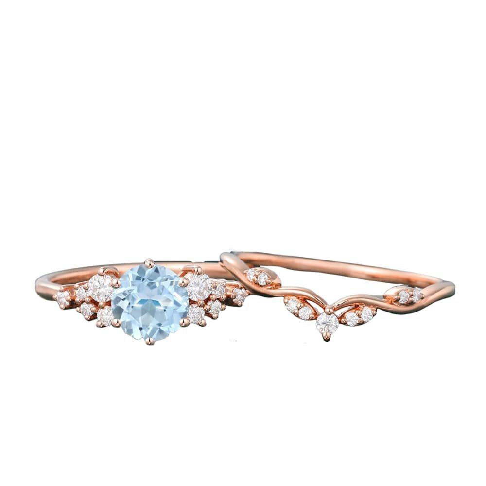 Sterling Silver with Rose Gold Plated Circular Shaped Aquamarine Personalized Engraving Ring-1