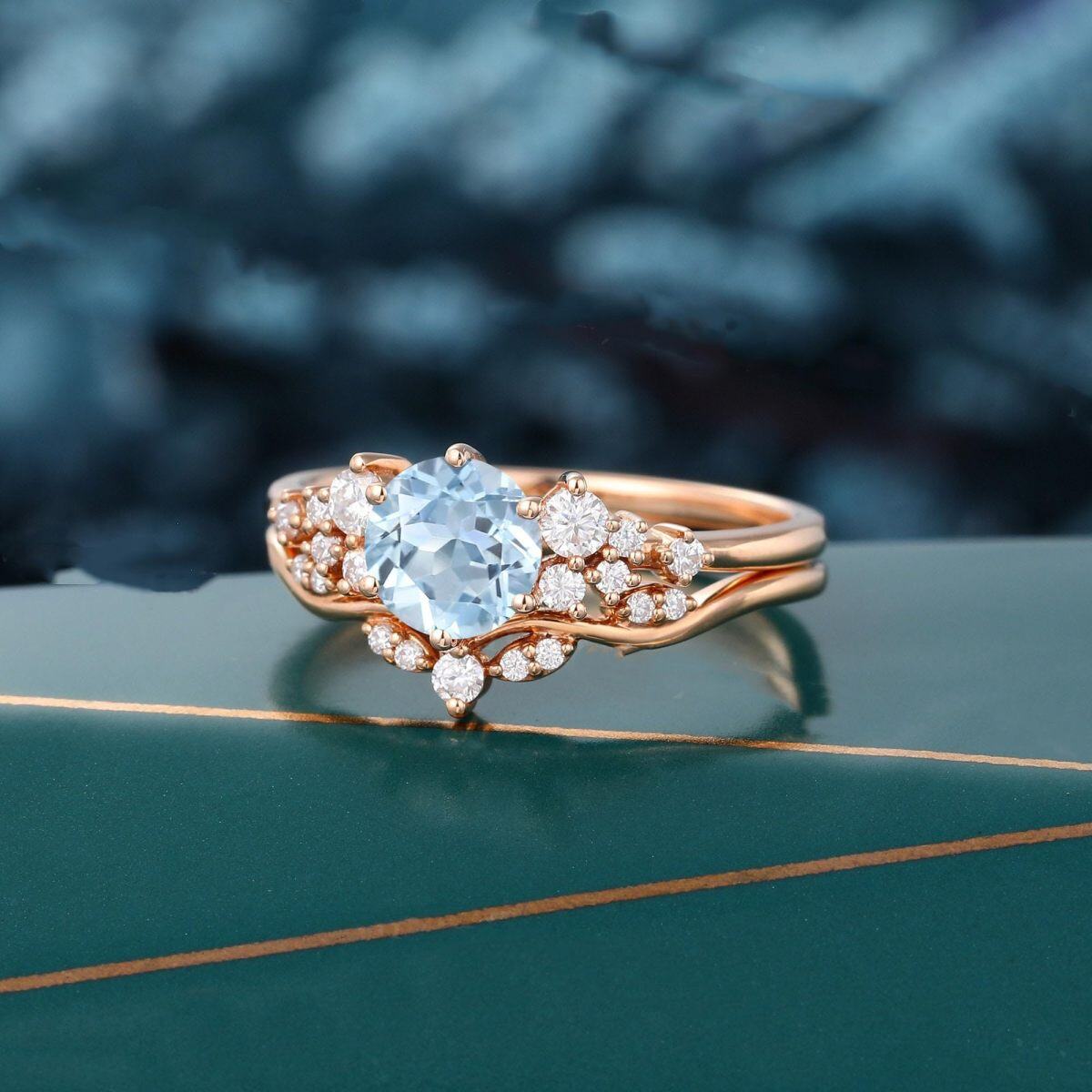 Sterling Silver with Rose Gold Plated Circular Shaped Aquamarine Personalized Engraving Ring-3