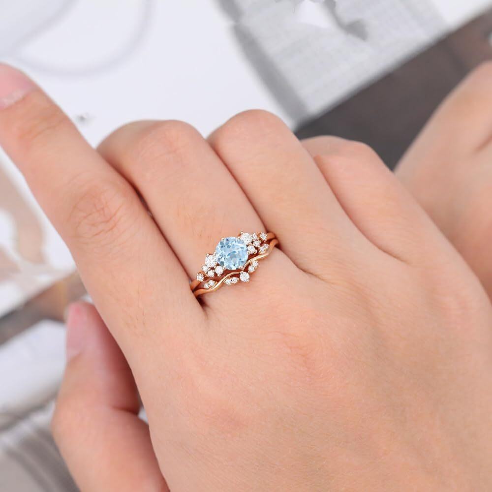 Sterling Silver with Rose Gold Plated Circular Shaped Aquamarine Personalized Engraving Ring-4