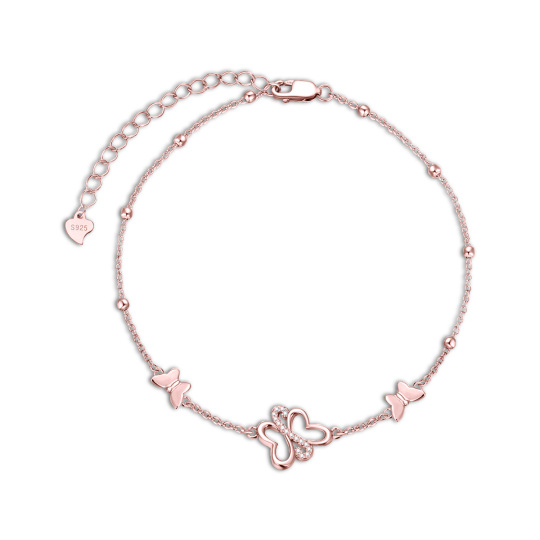 Bracelet de cheville en argent sterling et plaqué or rose avec papillon en zircon cubique