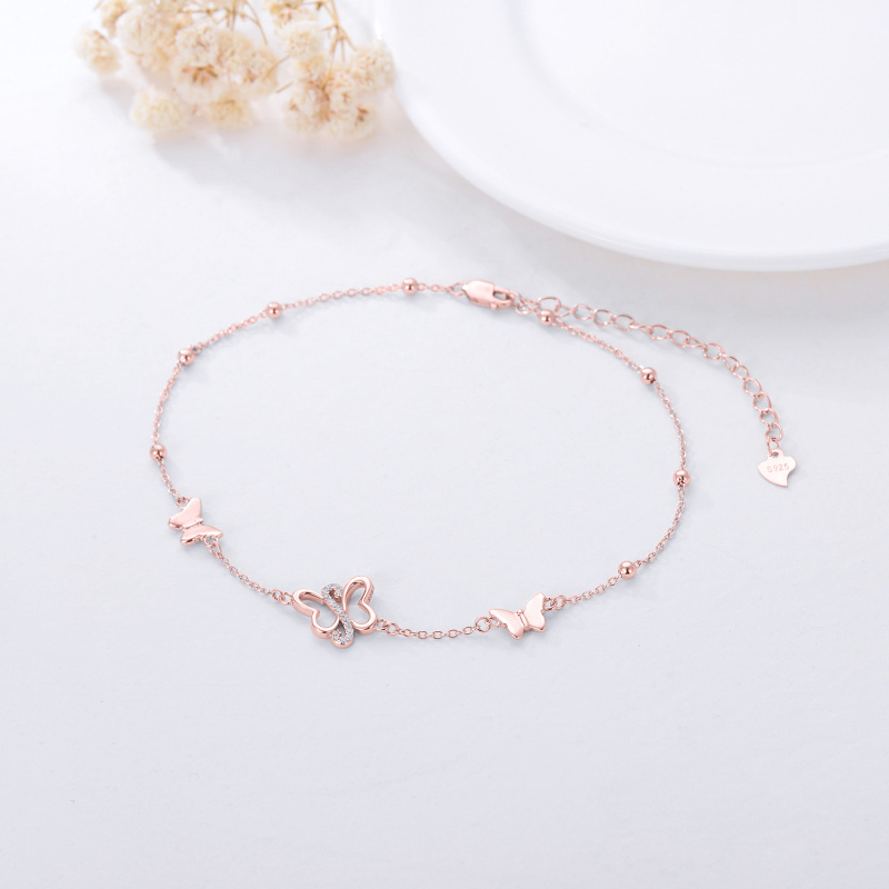 Sterling Silver with Rose Gold Plated Circular Shaped Cubic Zirconia Butterfly Single Layer Anklet-3