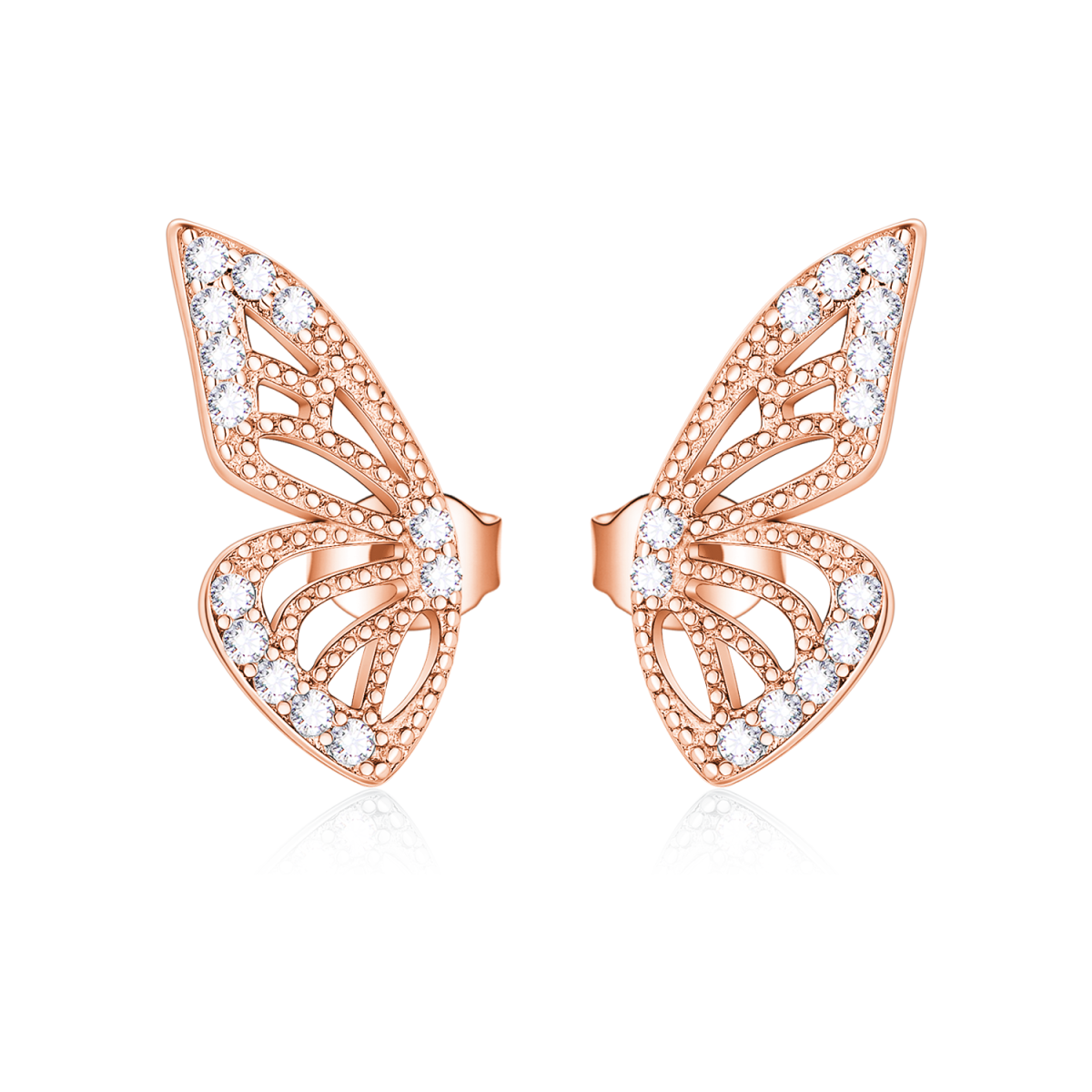 Sterling Silver with Rose Gold Plated Circular Shaped Cubic Zirconia Butterfly Stud Earrings-1