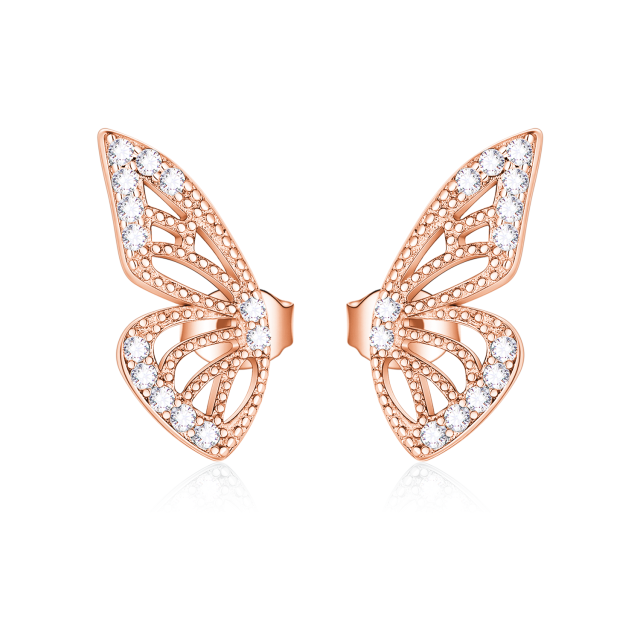 Sterling Silver with Rose Gold Plated Circular Shaped Cubic Zirconia Butterfly Stud Earrings-1