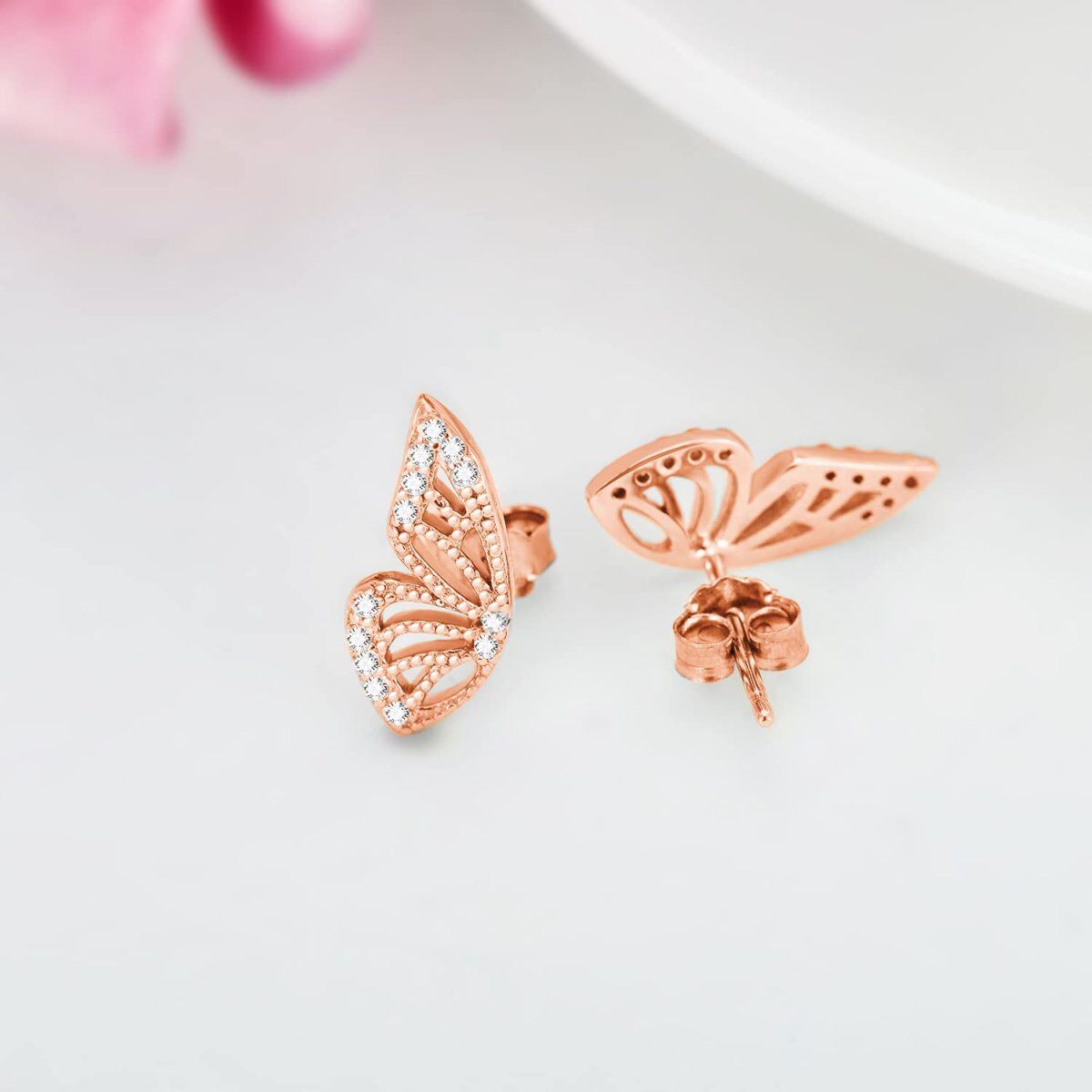 Sterling Silver with Rose Gold Plated Circular Shaped Cubic Zirconia Butterfly Stud Earrings-3