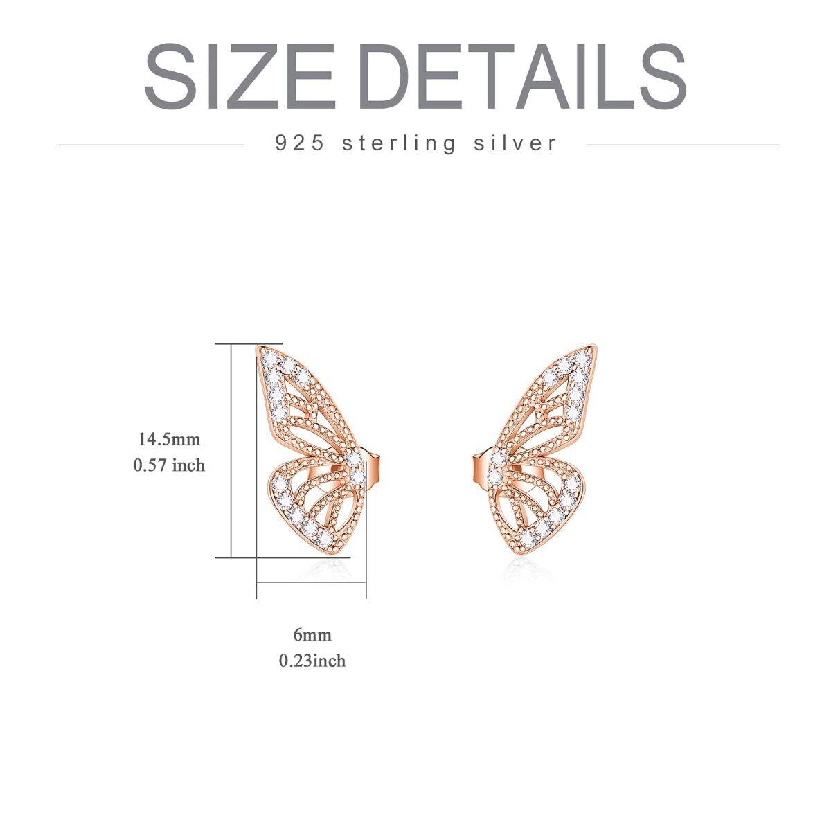 Sterling Silver with Rose Gold Plated Circular Shaped Cubic Zirconia Butterfly Stud Earrings-4